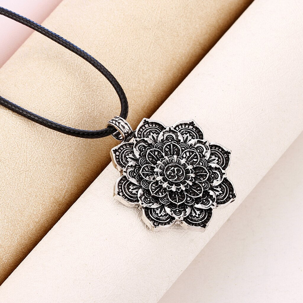 Antique Silver Lotus Mandala Pendant Necklace